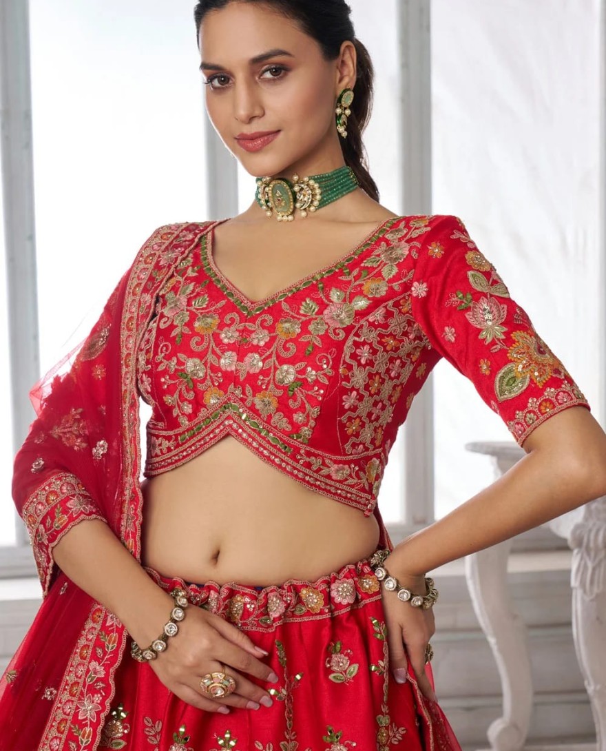 RED - Embroidered, Patch Border, Sequins and Zari Work Silk Lehenga Choli In Red for Engagement